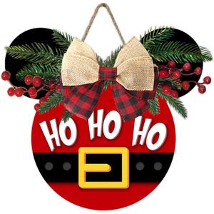 Deroro Christmas Front Door Sign, Xmas Ho Ho Ho Holiday Wood Door Hanger Outdoor Porch Decor, Winter Farmhouse Rustic Wooden Wreath with Plaid Bow Indoor Wall Hanging Decoration