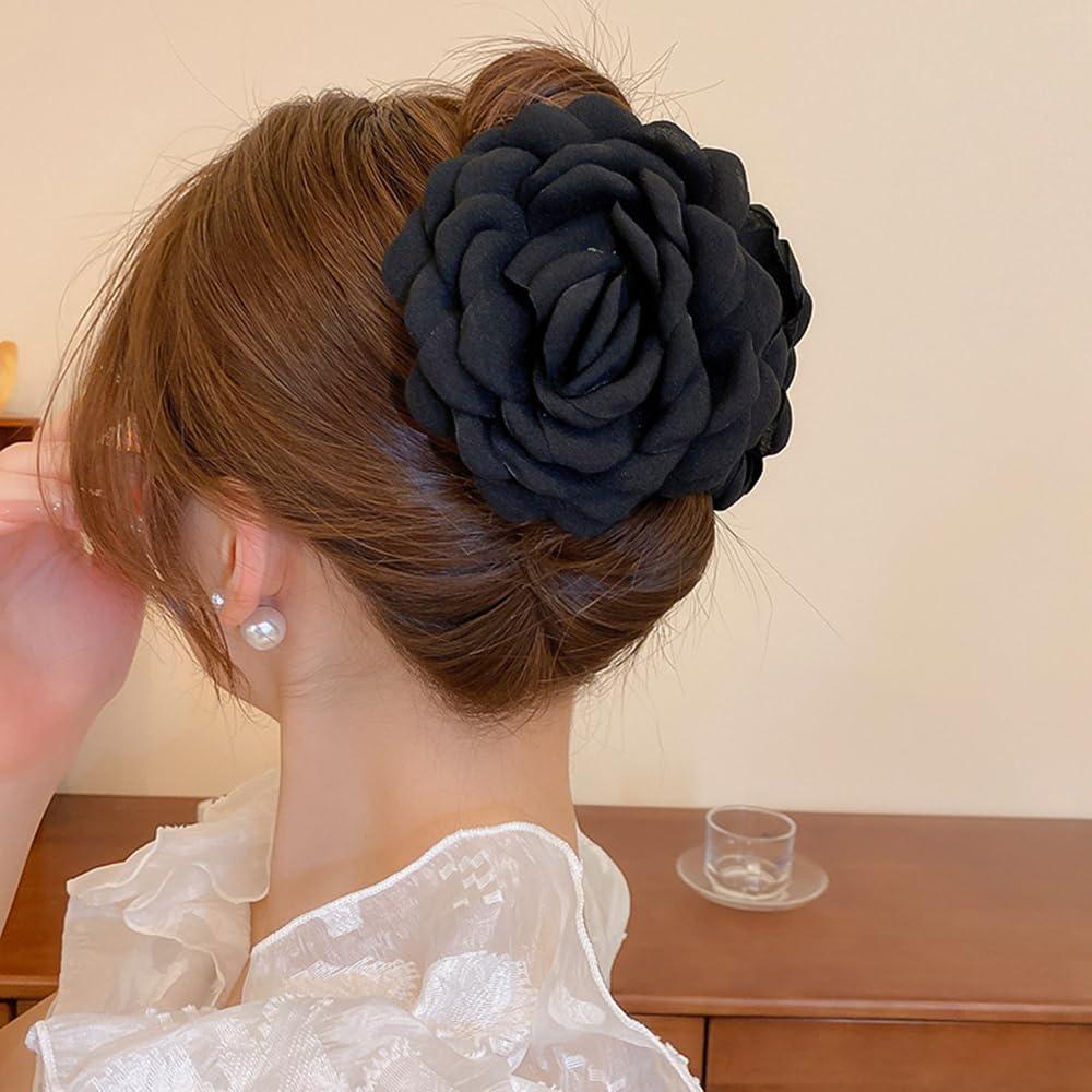 Jumwrit Big Rose Flower Hair Claw Clip Strong Hold Acrylic Floral Hair Jaw Clip Fashion Bun Holder Hair Clamp Accessories for Women Girls (Black)