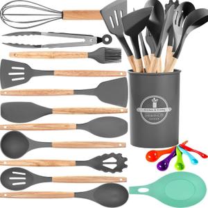 Silicone Cooking Utensils Set, 446F Heat Resistant Kitchen Utensils Set,Spatula Set for Cooking Wooden Handle Silicone Gadgets Kitchen Tools for Nonstick Cookware (Gray)