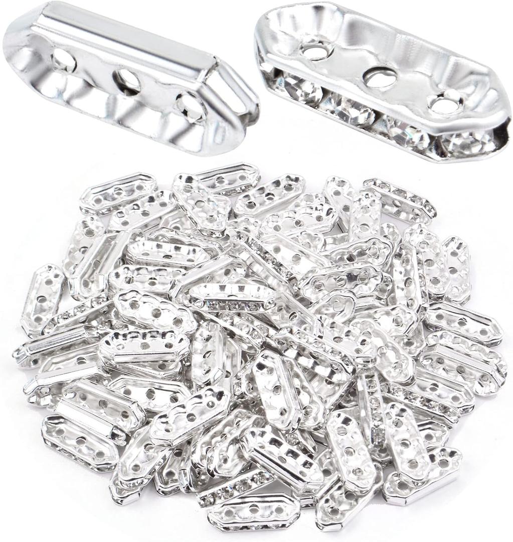 BronaGrand 100pcs Silver Rhinestone Spacer Bars 3 Holes Crystal Spacer Beads Connector Loose Beads for DIY Multi Strand Bracelet Jewelry Making, 17.5x7mm