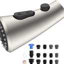 Hibbent Curved Pull Down Kitchen Faucet Head Replacement, 3-Function Kitchen Sink Spray Nozzle with 14 Adapters, Anti-Splash, Compatible with Kohler Bent Faucets, Brushed Nickel