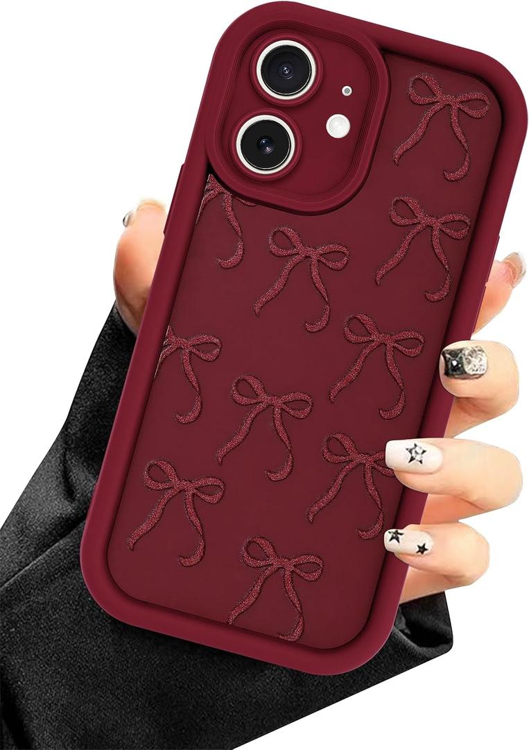 Burgundy Red Phone Case for iPhone 11, Cute Aesthetic Red Bow Design Case, Soft Silicone Slim Shockproof Protective Phone Cover for Women Girls - Maroon