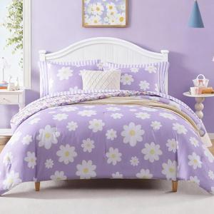AMBERSPACE Full Size Comforter Sets for Girls, Purple Daisy Kids Bedding Set Reversible with Cute Floral, All Season Bed in a Bag 7 Pieces with Sheets, Pillowcases & Shams