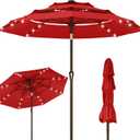 Kingdura 10ft 3-Tier Patio Umbrella with Solar Lights, Table Umbrella Outdoor Patio with Easy Crank & Tilt, 8 Sturdy Ribs, UV Protection, 32 LED Lights for Deck, Poolside, Market (Red)