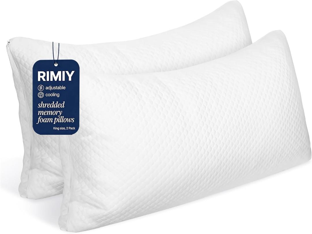Cooling Adjustable Memory Foam Pillows King Size Set of 2, Bamboo Firm Pillow w/Washable Zippered Cover, Luxury Bed Pillow for Side, Back and Stomach Sleeper, CertiPUR-US Certified Foam