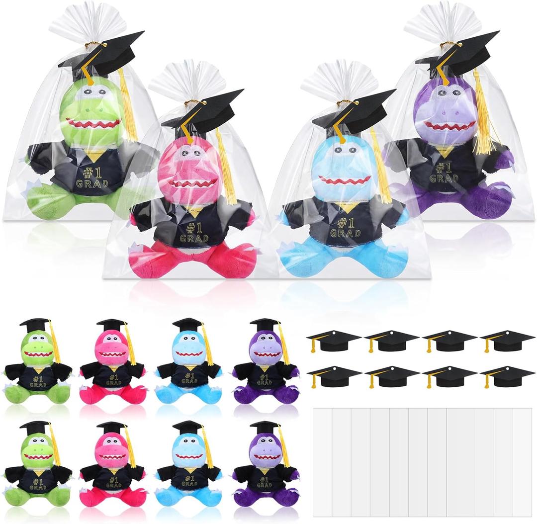 Leyndo 8 Set 2026 Graduation Stuffed Animal Plush Dinosaurs for Kids Bulk 5.5'' #1 Grad Stuffed Animal with Grad Cap Cards and Bags for College High School Preschool Kindergarten Party Favor