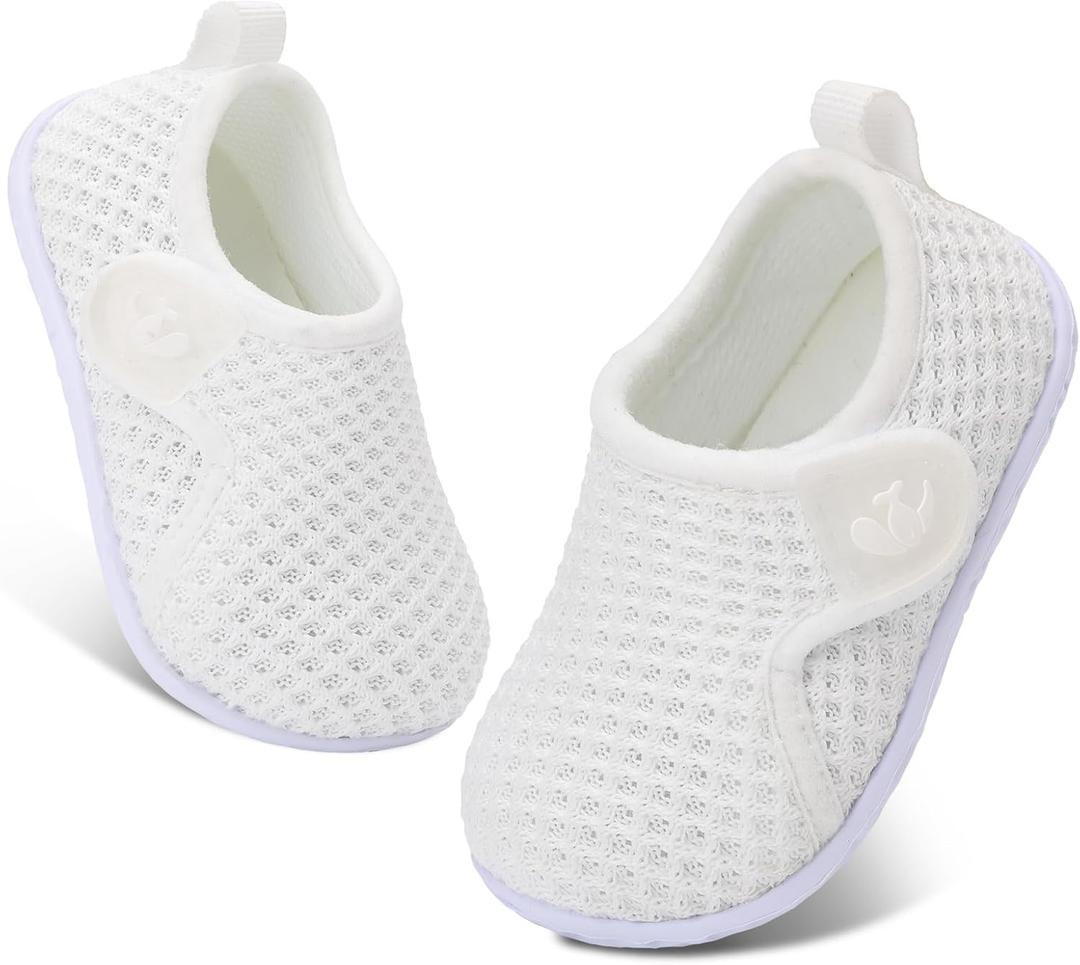 FEETCITY Baby Boys Girls First Walking Shoes Infant Sneakers Crib Shoes Breathable Lightweight Slip On Shoes (White)