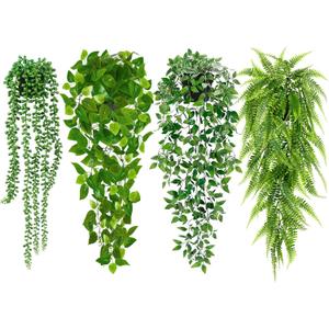 Artificial Hanging Plants for Shelf, 4 Pack Fake Potted Greenery Plant Faux Mandala Vine, String of Pearls, Ivy Vine,Persian Grass Fern in Pot for Desk Home Bathroom Farmhouse Room Table Decor