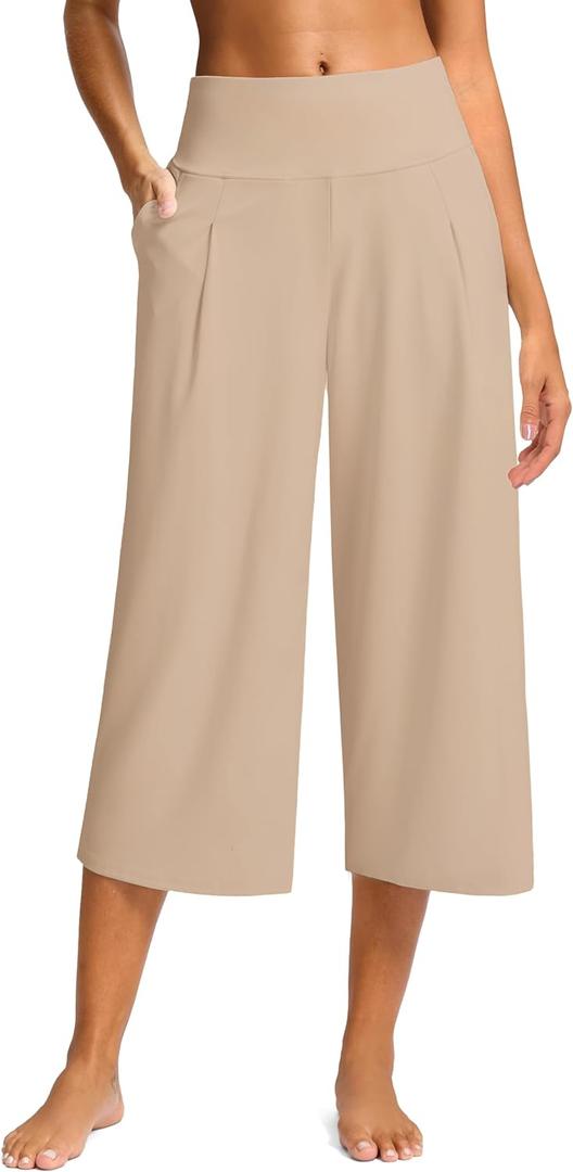 SANTINY Capri Pants for Women Wide Leg Yoga Casual Cropped Pants with Pockets Loose Tummy Control High Waist Capris