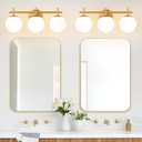 3-Light Bathroom Light Fixtures, Brushed Gold Vanity Lights for Bathroom with Milky White Glass Ball Shade, 19.3 inch Bathroom Lighting Fixtures Over Mirror, Wall Sconce for Bedroom(Bulb Not Included)