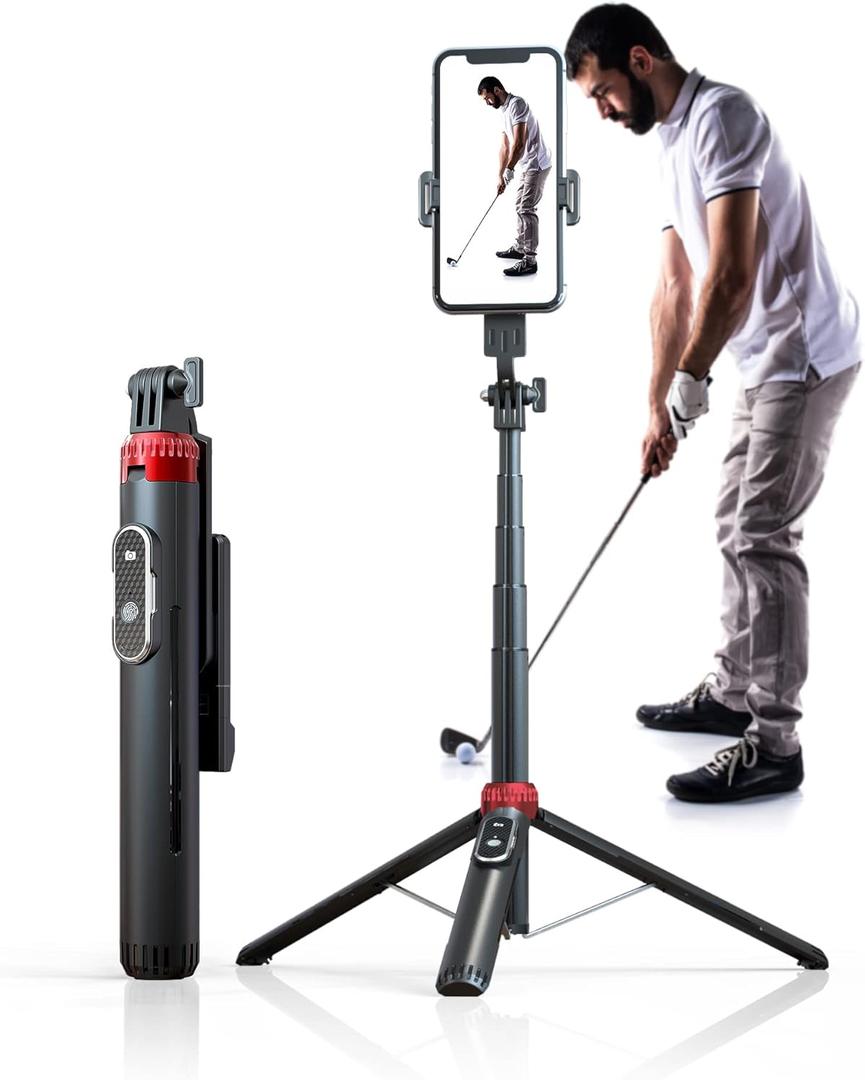 62" Phone Tripod & Selfie Stick for Golf Training, Extendable Cell Phone Tripod Stand with Wireless Remote and Phone Holder, Golf Training Aid - Compatible with iPhone Android iPhone (Black)