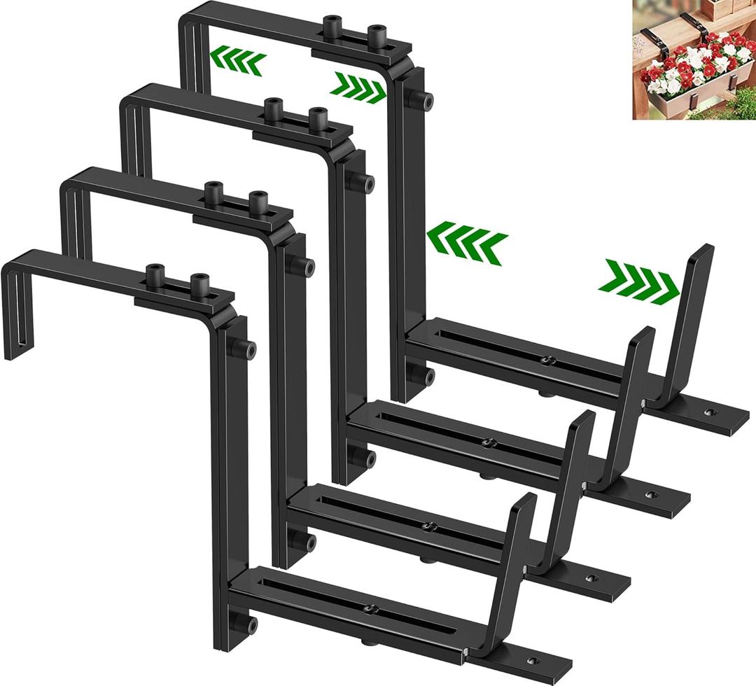 HFHOME 4PCS Adjustable Planter Window Box Planters Hanging Flower Box Holders Brackets, Heavy Duty Wall Mount Holder for Windowsills, Garden, Fences, and Balcony - Black