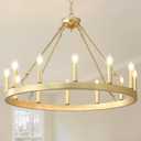 Gold Wagon Wheel Chandelier Farmhouse 32-Inch, 12-Light Modern Gold Chandelier for Dining Room, Round Iron Industrial Chandeliers Light Fixture for Living Room, Foyer, Entryway, E12