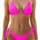 Holipick Two Piece Triangle Bikini Sets for Women String Bathing Suit Halter Top with Side Tie Bikini Bottom Neon Pink, Small