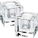 Square Glass Candle Holder Set of 2, Clear Taper Candlestick Holders, Ideal Gift for Dining Table, Wedding, Christmas and Party