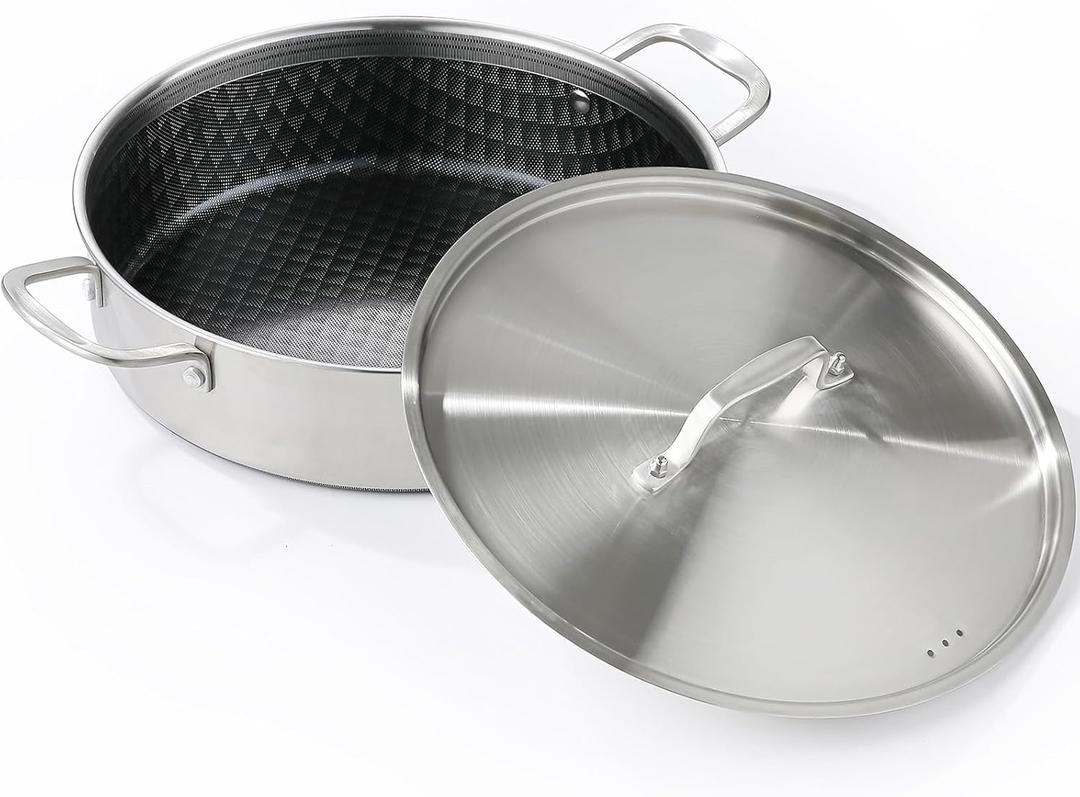 DELARLO 8 Quart Tri-Ply Stainless Steel Non Stick Braiser Pan with Lid, 13 Inch Deep Frying Pan, Large Saute Pan, Jumbo Cooker, Induction Compatible, Heavy Duty and Oven Safe
