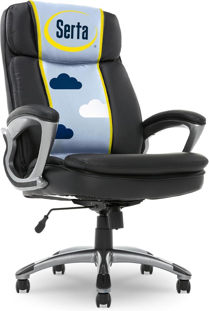 Serta Fairbanks Big & Tall Executive Office Chair Ergonomic Comfy High-Back ComputerChairs with Lumbar Support, Semi-Plush Seat Cushion, Padded Armrests, Nylon Swivel Base, Bonded Leather, Black