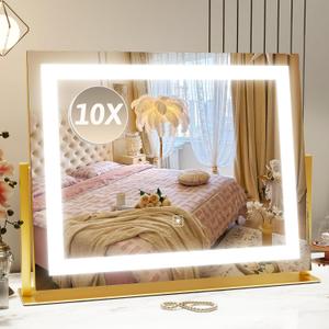 ROLOVE Vanity Mirror with Lights 22"x18", Lighted Makeup Mirror with 10X Magnification, Smart Touch 3 Colors Dimmable, 360 Rotation, Women Gift, Dresser Mount, Bathroom (Gold)