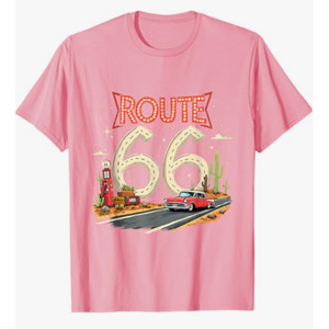Classic Retro Route 66 Desert Scene with Red Vintage Car T-Shirt, Pink, S