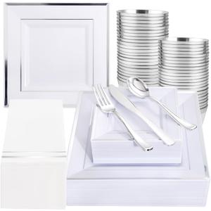 Festiva 350Pcs Silver Plates - Silver Square Plastic Plates 9 .5" and 6" - serve for 50 guests include 50 Cups 50Plastic Cutlery 50Hand Napkins Perfect for Party&Wedding&Birthday&Easter Day