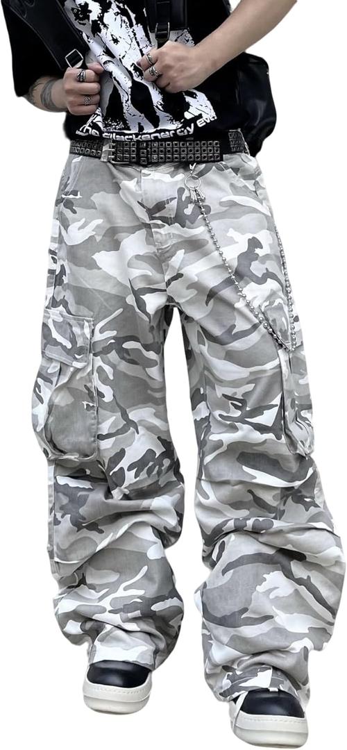Baggy Denim Cargo Pants for Men with Pockets Mid Weight Wide Leg Hip Hop Skater Jeans Streetwear (Large, E20 Camo)