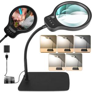 10X 30X Large Magnifying Glass with Light and Stand, 5-inch Lens, 5 Color Modes, Hands Free Magnifying Lamp for Close Work, Lighted Magnifier Desk Lamp for Craft Sewing Jewelry Painting Reading