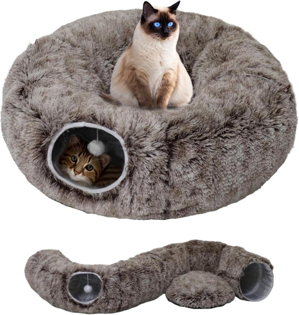 Cat Tunnel Bed for Indoor Cats with Washable Cushion Cat Cave Donut Tunnel with Fluffy Ball Big Round Tube Pet Playground Toys Soft Plush Peekaboo for Kitten, Cat, Puppy, Rabbit, FerretBrown