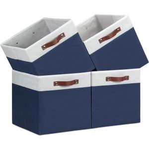 Temary Cube Storage Bins 4Pack Foldable Cube Baskets for Clothes Shelf Storage Basket with Handles, Storage Box Fabric Storage Organizer Bins for Home (White&Blue, 13x15x13 Inch)