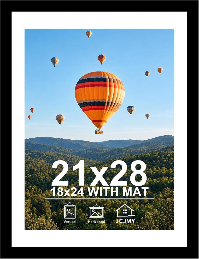 JCJMY 21x28 Picture Frame with 18x24 Mat, Display Photo 18x24 with Mat or 21 x 28 Without Mat, Wall Hanging Large 21 by 28 Poster Frame with Plexiglass, Black