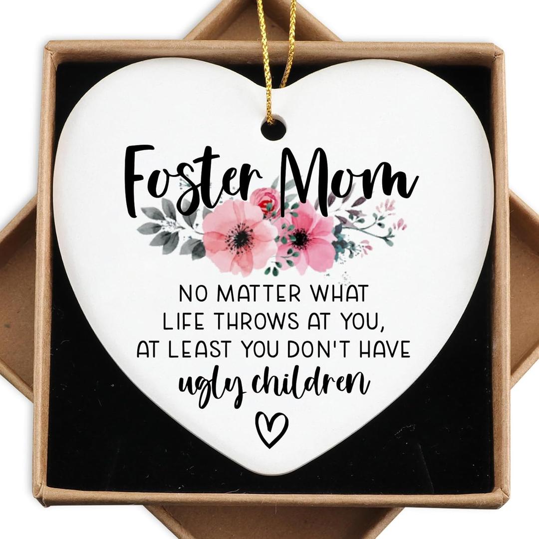 2 x Foster Mom Gifts Mothers Day Foster Mom Birthday Gifts for Mother from Daughter Son Ornament Keepsake Sign Heart Plaque Christmas Ornament