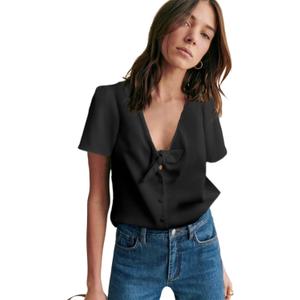 Allimy Womens Summer Tops Tie Front V Neck Short Sleeve Chiffon Blouses for Women Dressy Casual (Black, M)