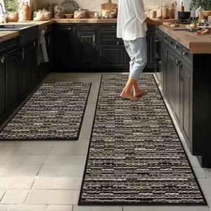 Kitchen Rugs Sets of 2-Non Slip Kitchen Mats for Floor-Thick Stain Resistant Vintage Kitchen Floor Mat Runner Carpet for Hallways Entryway Laundry Room Washable（Black 22"x59"+20"x32"）