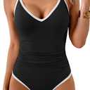 One Piece Swimsuit for Women Tummy Control Slimming Bathing Suit Color Block V Neck Swimwear (Black, XXL)