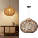 Arturesthome Boho Round Pendant Light,1-Light Rattan Chandelier Hand-Woven Wicker Pendant Light Coastal Beach Ceiling Hanging Light for Kitchen Island Living Room W 19.68"