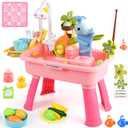 Upgraded 4-in-1 Sand Water Table for Toddlers 1-3, Kids Sensory Table with Electric Water Pump & Cloud Faucet, Play Kitchen Sink with Food Accessories, Fishing Toy Adjustable Height (Pink)