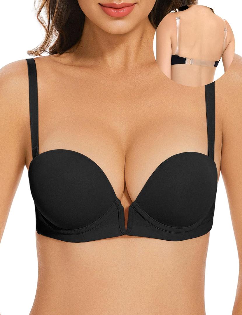 YBCG Women's Backless Bra with Clear Back Straps Plunge Convertible Push Up Padded Add A Cup Low Cut Underwire Bras for Women Black 34B (Black)