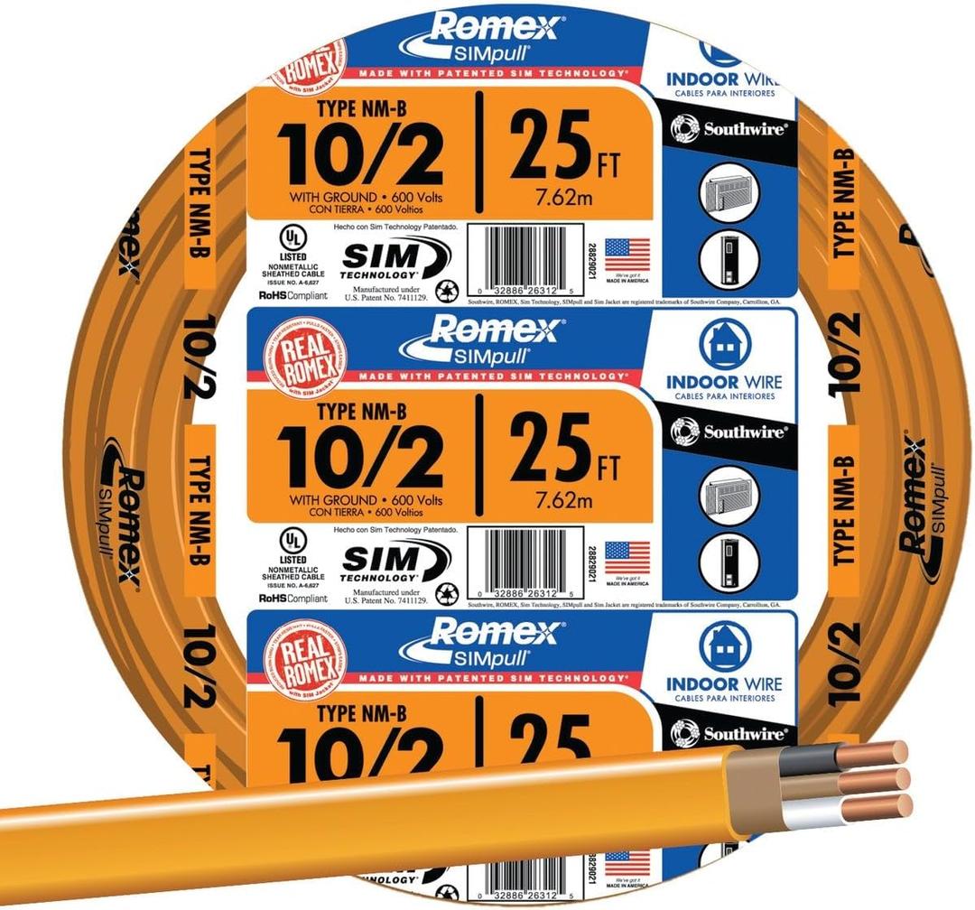 Southwire Romex Brand Simpull Solid Indoor 10/2 W/G NMB Cable 25ft coil - SW 28829021