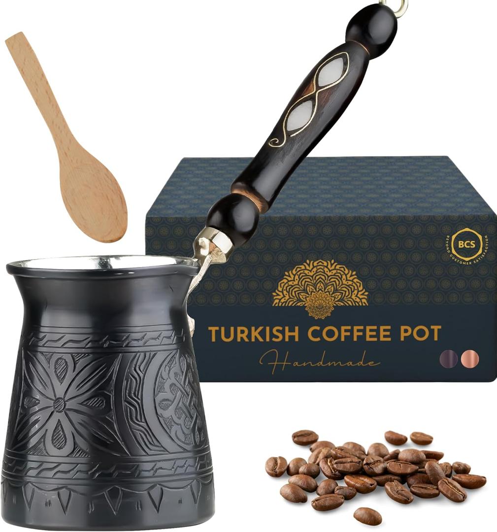 BCS 12 Oz Copper Turkish Greek Arabic Coffee Pot with Wooden Handle (4 servings) Cezve Ibrik Briki Stovetop Coffee Maker with Wooden Spoon