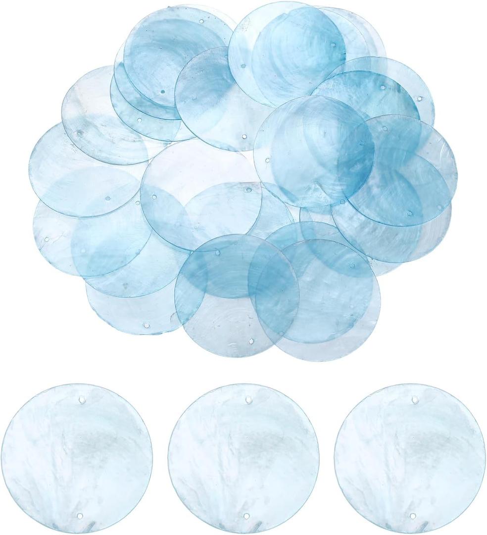 uxcell 50Pcs 50mm Round Capiz Sea Shells, Round Natural Capiz Shells Discs Charm with Hole for Seashell Wind Chimes Curtain Home Decoration, Light Blue