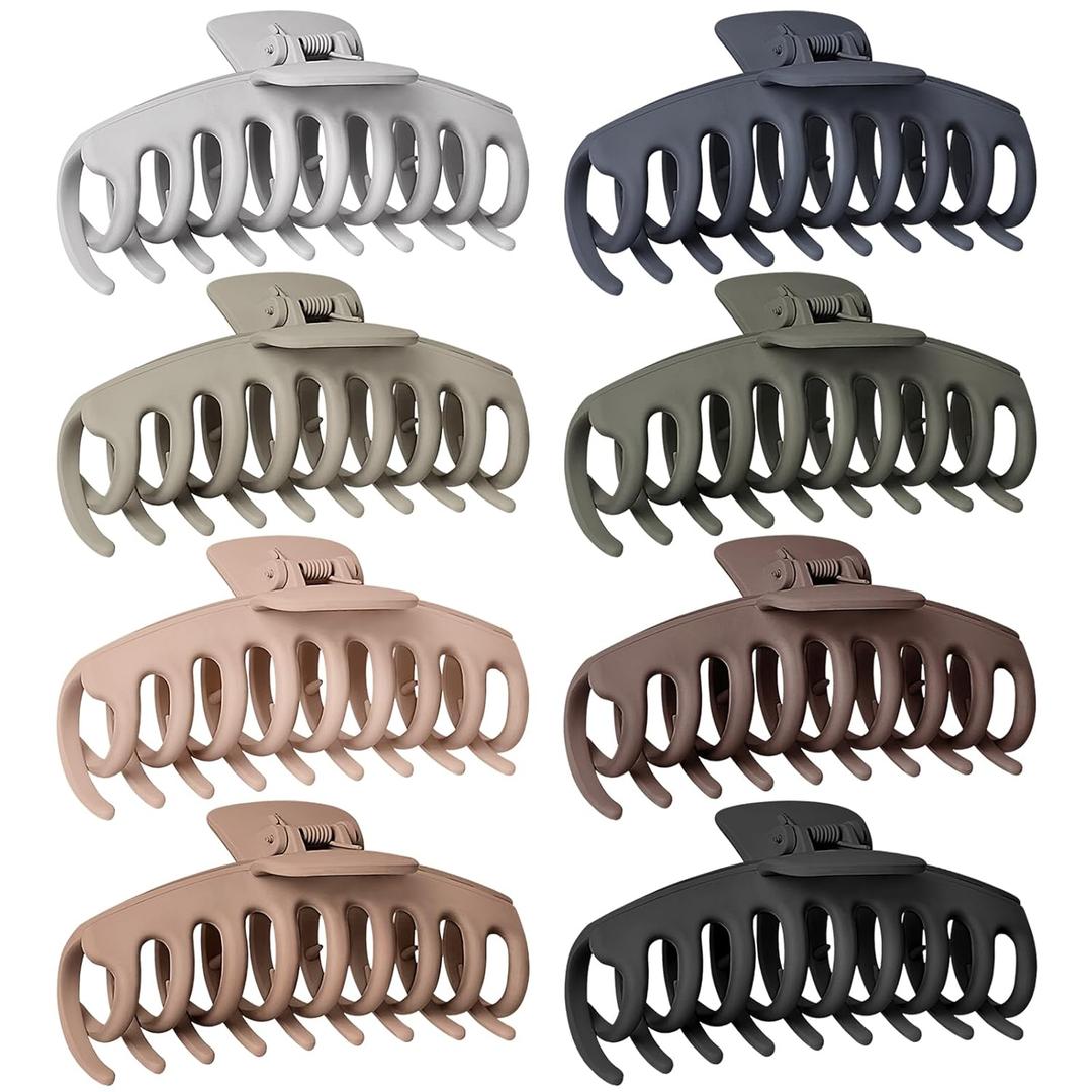 TOCESS Hair Claw Clips for Women  Large Clips for Thin Thick Hair Big Neutral Claw for Curly Hair Matte Nonslip Strong Hold 4.33 Inch Jumbo Claws Jaw Set (8 Pcs) (Rounded A.Black, Gray, Brown, Beige)