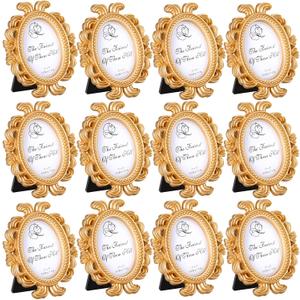 Vicenpal Small Vintage Picture Frames Antique Baroque Mini Picture Frames Oval Bulk Wallet Size for Wedding Victorian Home Christmas Holiday Decor (Gold,12 Pieces)