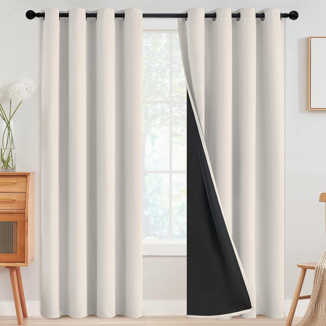 SimpleHome 100% Blackout Curtains for Bedroom,Thermal Insulated Grommet Window Drapes Room Darkening Cream Curtains for Living Room with Black Back,52 x 96 Inch,2 Panels