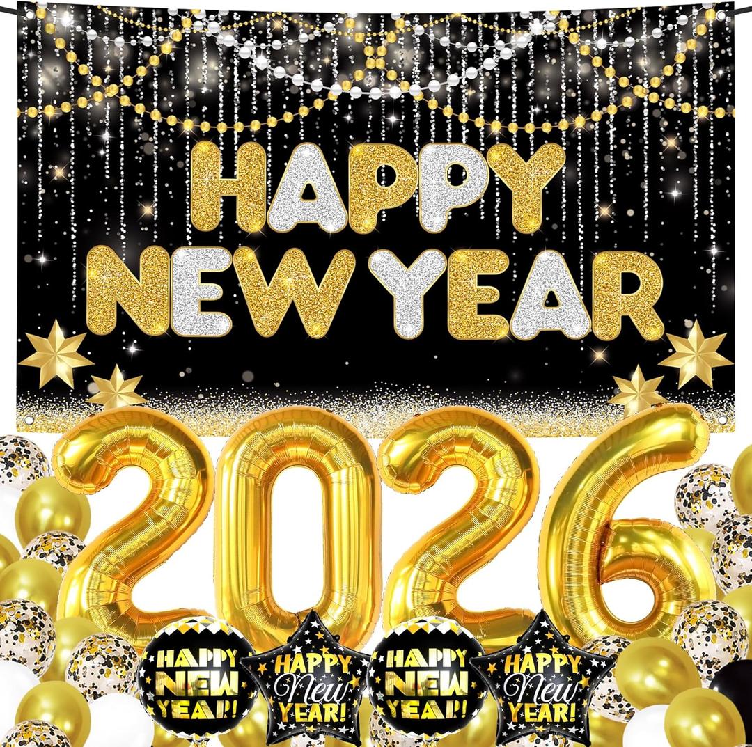 KatchOn, Huge New Years Decorations 2026 Set - Pack of 44 | Gold and Black Happy New Year Banner, 2026 Balloon Numbers | New Years Balloons for NYE Decorations, New Years Eve Party Supplies 2026
