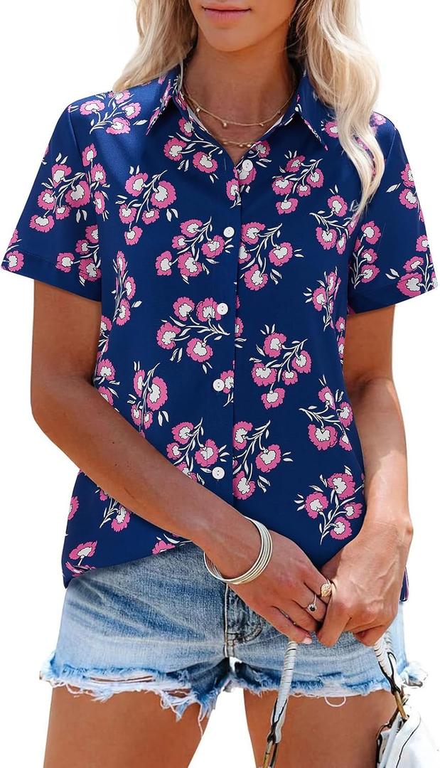 siliteelon Womens Short Sleeve Button Down Shirts Summer Blouses Casual Tops Hawaiian Tropical Floral Printed Camp Shirts (M)