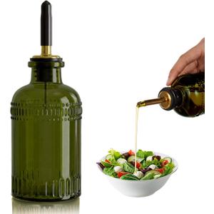 1 Pack Olive Oil Dispenser 7oz, Olive Green Glass Bottle with Metal Spout and Lid, Elegant Kitchen Small Oil and Vinegar Cruet for Cooking, Salad, Baking