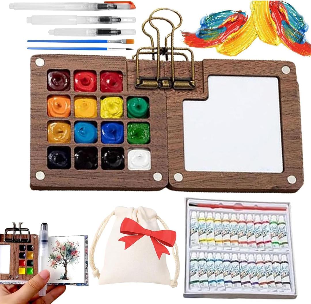 Watercolor Kit, New Mini Watercolor Paint Set, Pocket Watercolor Set with Paint, Brush, bag, Sketchbook & Copper Clip, Travel Kit for Beginners, Artists & Painting Enthusiasts (Walnu -15 Grids)