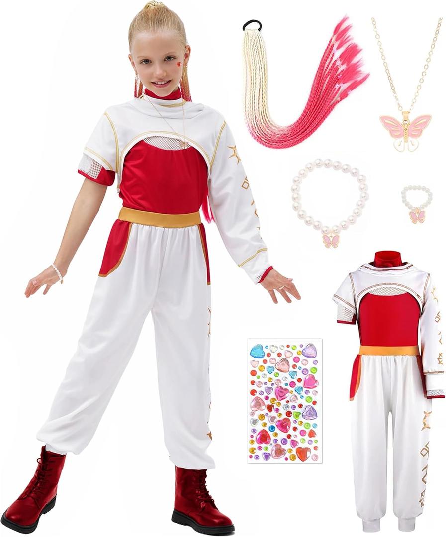 9 Pcs Zombies Costume for Girls Cheerleader Uniform Top Pant Coat Outfits (9-10 years, White)
