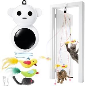 Interactive Cat Toys for Indoor Cats - 2 in 1 Automatic Laser Pointer Cat Toy with Feather Flying BirdSmart Moving Mouse Wand Toy with 2 Modes, Auto On/Off Hanging Toys for Bored Kitten & Adult Cats (White)