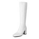 SOVANYOU White Knee High Boots Leather Tall White Boots for Women Chunky Heeled Tall Boots Square Toe Long Boots Go-Go Boot 7.5