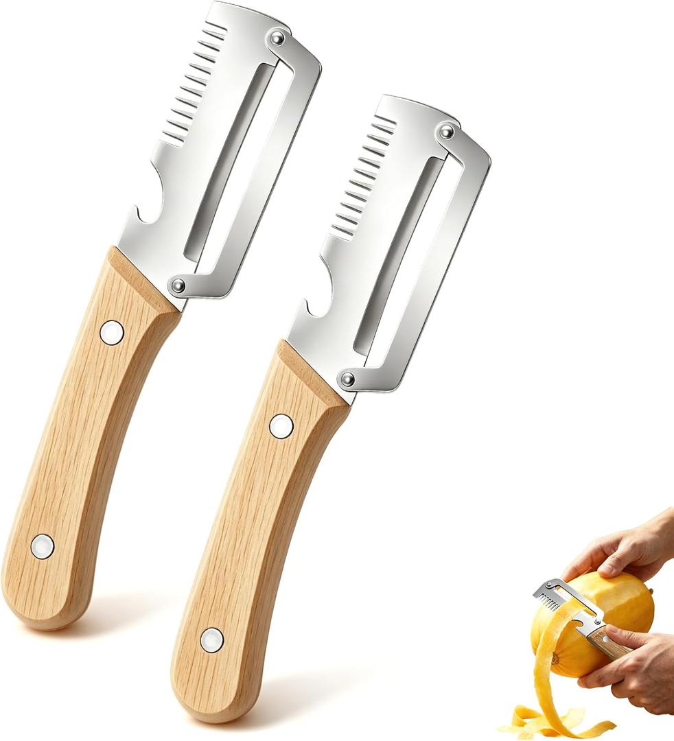 2 Pack Multifunctional Vegetable Peeler, 3 in 1 Kitchen Peeler with Bottle Opener and Wooden Handle, Kitchen Gadgets Tool for Fruit Pumpkin Peeling Potato Carrot Veggie Peeler